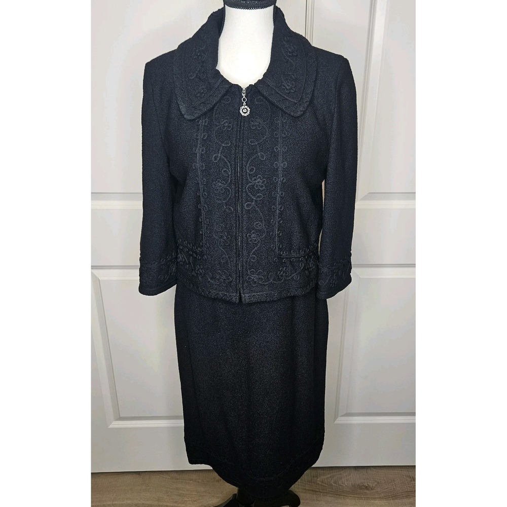 St John Couture 2 Piece Dress Suit Size 6 Black Zip Front Blazer Santana Knit